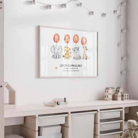 Plakat Metryczka Urodzinowa Zwierzęta Africa Pomarańczowa