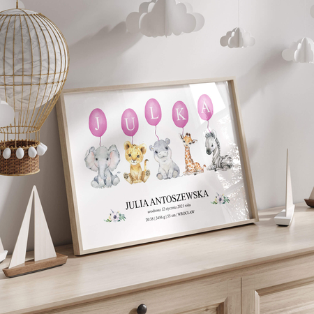 Plakat Metryczka Urodzinowa Zwierzęta Africa Fioletowa