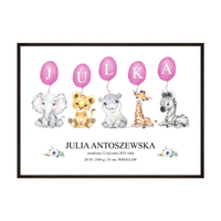 Plakat Metryczka Urodzinowa Zwierzęta Africa Fioletowa