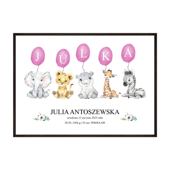 Plakat Metryczka Urodzinowa Zwierzęta Africa Fioletowa